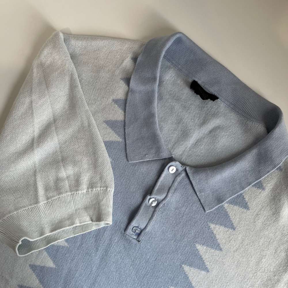 Truth Mens Light Blue Grey Zig Zag Knit Short Sleeve Polo Shirt Large